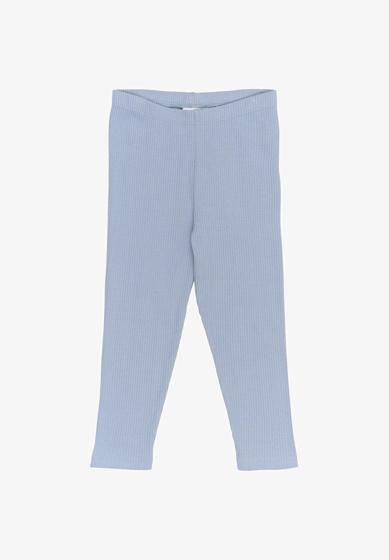 Leggings a coste blu chiaro con una silhouette aderente, texture morbida e una vita elasticizzata per comfort e facilità di indossare.