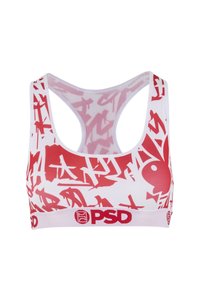 Lichte sportbeha met een witte basis, voorzien van rode abstracte patronen en een rode elastische band met "PSD" branding. Racerback ontwerp.