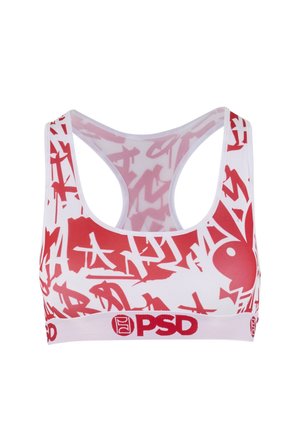 Lightweight sports bra with a white base featuring red abstract patterns and a red elastic band with "PSD" branding. Racerback design.