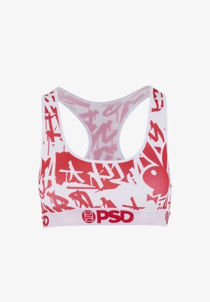 Lichte sportbeha met een witte basis, voorzien van rode abstracte patronen en een rode elastische band met "PSD" branding. Racerback ontwerp.