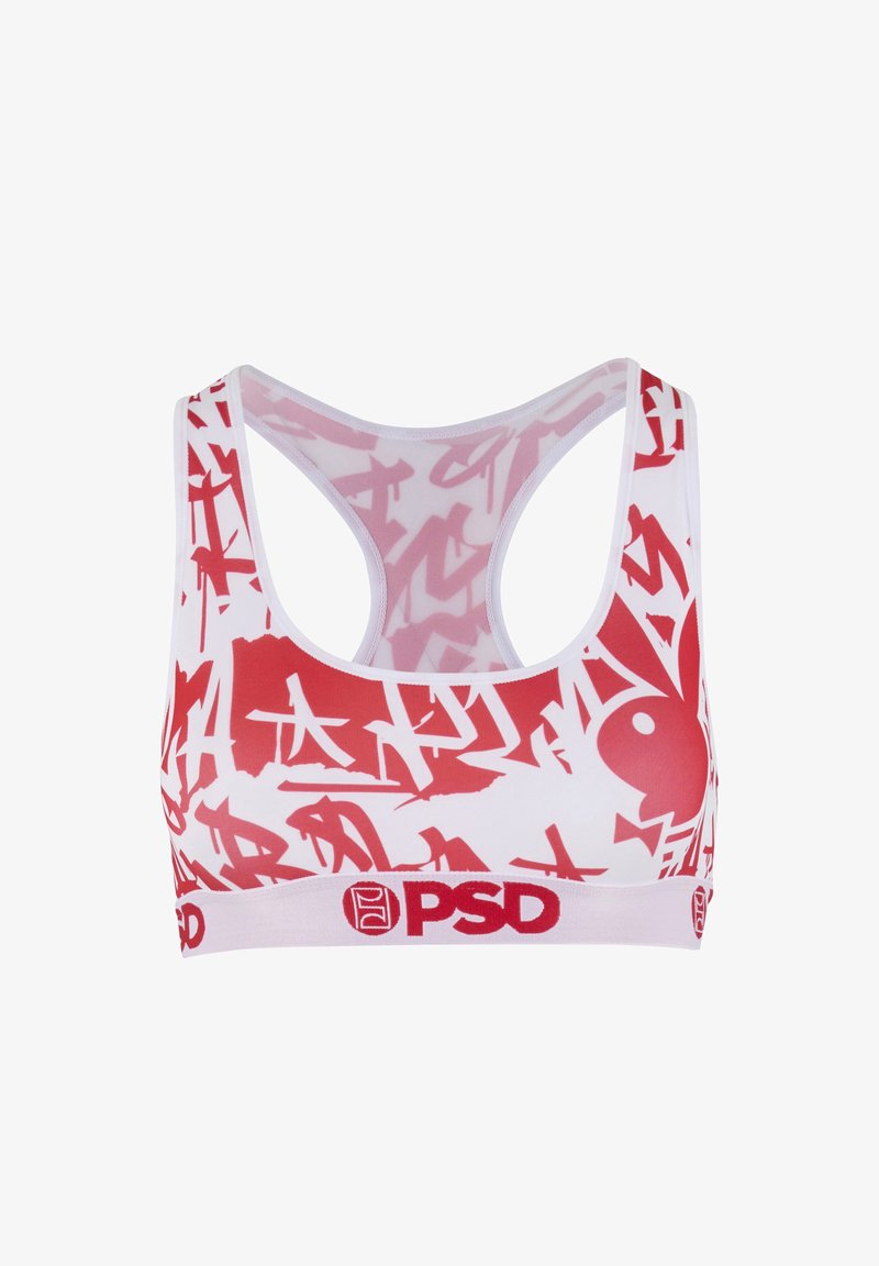 Lichte sportbeha met een witte basis, voorzien van rode abstracte patronen en een rode elastische band met "PSD" branding. Racerback ontwerp.