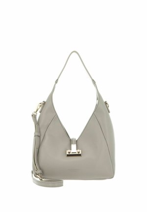 Sac à main en cuir gris avec fermoir doré, poignée courte et bandoulière longue amovible, présenté sur un fond blanc.