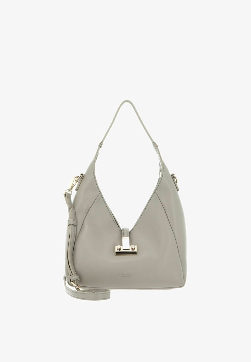 Sac à main en cuir gris avec fermoir doré, poignée courte et bandoulière longue amovible, présenté sur un fond blanc.