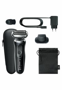 Braun Series 7 Elektrorasierer in Schwarz und Silber, mit Ladekabel, Reinigungsbürste, Netzteil, Reisetasche und Aufbewahrungstasche.