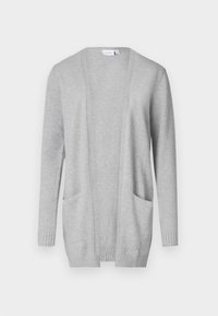 Světle šedý cardigan vyrobený z měkkého materiálu s otevřeným předním dílem, dlouhými rukávy a dvěma předními kapsami. Obsahuje žebrované manžety a lem.
