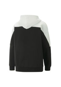 Hoodie colorblock bianco e nero con una texture morbida, cappuccio regolabile con lacci e maniche lunghe. Il retro presenta pannelli di tessuto a contrasto.