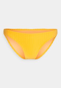Geel bikini onderstuk met ribbeltextuur, lage taille en gestikte tailleband. Zachte voering sluit aan bij de levendige buitenkleur.