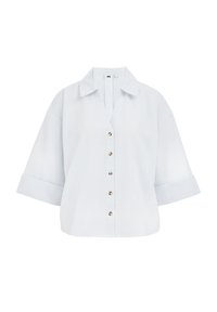 Light blue, short-sleeve button-up shirt with a collared neckline, featuring vertical stripes and gold-tone buttons down the front.