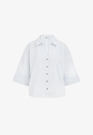 Light blue, short-sleeve button-up shirt with a collared neckline, featuring vertical stripes and gold-tone buttons down the front.