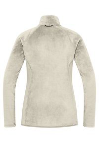 Licht beige fleece jack met een gladde textuur, hoge kraag en lange mouwen. Heeft een naadloos ontwerp en een lus bij de hals.