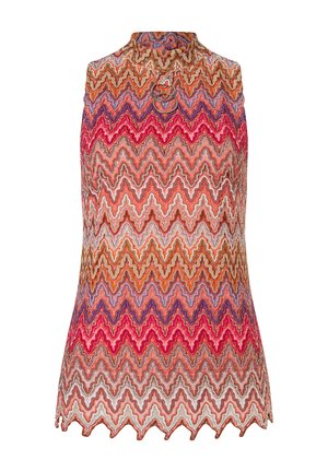 Mouwloos topje met een multikleurig zigzagpatroon in tinten van oranje, roze en wit. Accent met een ronde halsdetailing.