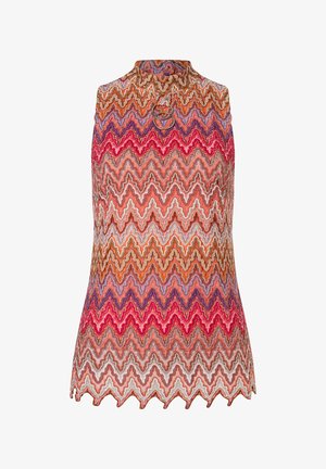 Mouwloos topje met een multikleurig zigzagpatroon in tinten van oranje, roze en wit. Accent met een ronde halsdetailing.