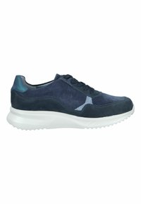 Navy suede sneaker with a white textured sole, featuring lace-up closure, smooth accents, and a rounded toe design.