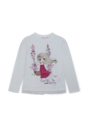 Camicetta bianca a maniche lunghe con un'illustrazione di un vestito rosa glitterato, fiori e la scritta "vivi la vita a pieno" in basso.