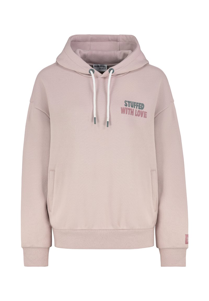 Pinkfarbener Kapuzenpullover mit vorderer Kängurutasche, Kordelzugkapuze und gesticktem Schriftzug "STUFFED WITH LOVE." Weicher Stoff, gerippte Bündchen und Saum.