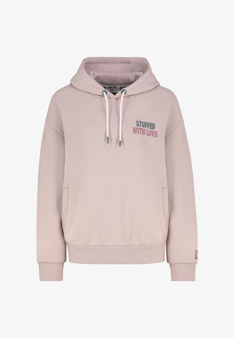 Pinkfarbener Kapuzenpullover mit vorderer Kängurutasche, Kordelzugkapuze und gesticktem Schriftzug "STUFFED WITH LOVE." Weicher Stoff, gerippte Bündchen und Saum.