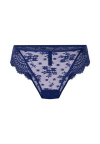 Navyblauwe kanten slip met bloemmotieven, transparante mesh, golvende randen en een decoratieve knoopdetail aan de voorkant.