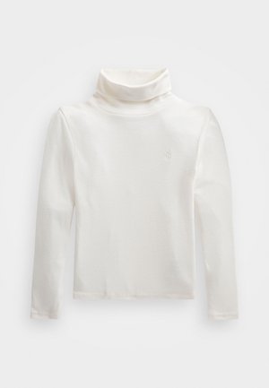 T-shirt de manga longa branco, de gola alta, feito de tecido macio, com um pescoço canelado e um design minimalista com um logótipo bordado.