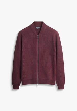 Maglione zip-up bordeaux con texture a coste, colletto e polsini a bande. Presenta una cerniera centrale e un design aderente.