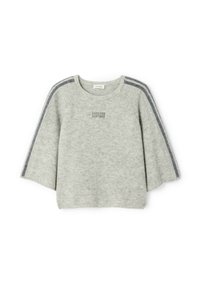 Pull en maille gris clair avec manches larges, rayures gris foncé le long des épaules et des manches, et texte "American Vintage" sur la poitrine.