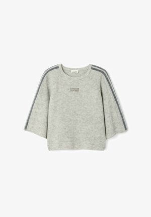 Pull en maille gris clair avec manches larges, rayures gris foncé le long des épaules et des manches, et texte "American Vintage" sur la poitrine.
