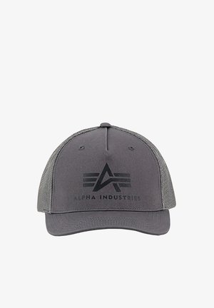 Gray mesh-back baseball cap with curved brim and black Alpha Industries logo and text on front panel.