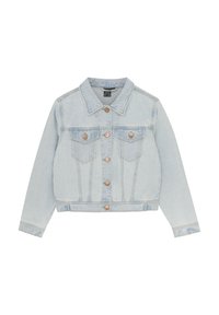 Ljusblå denimjacka med en kortad design, med knappstängning fram, två bröstfickor och en klassisk krage. Mjuk textur.