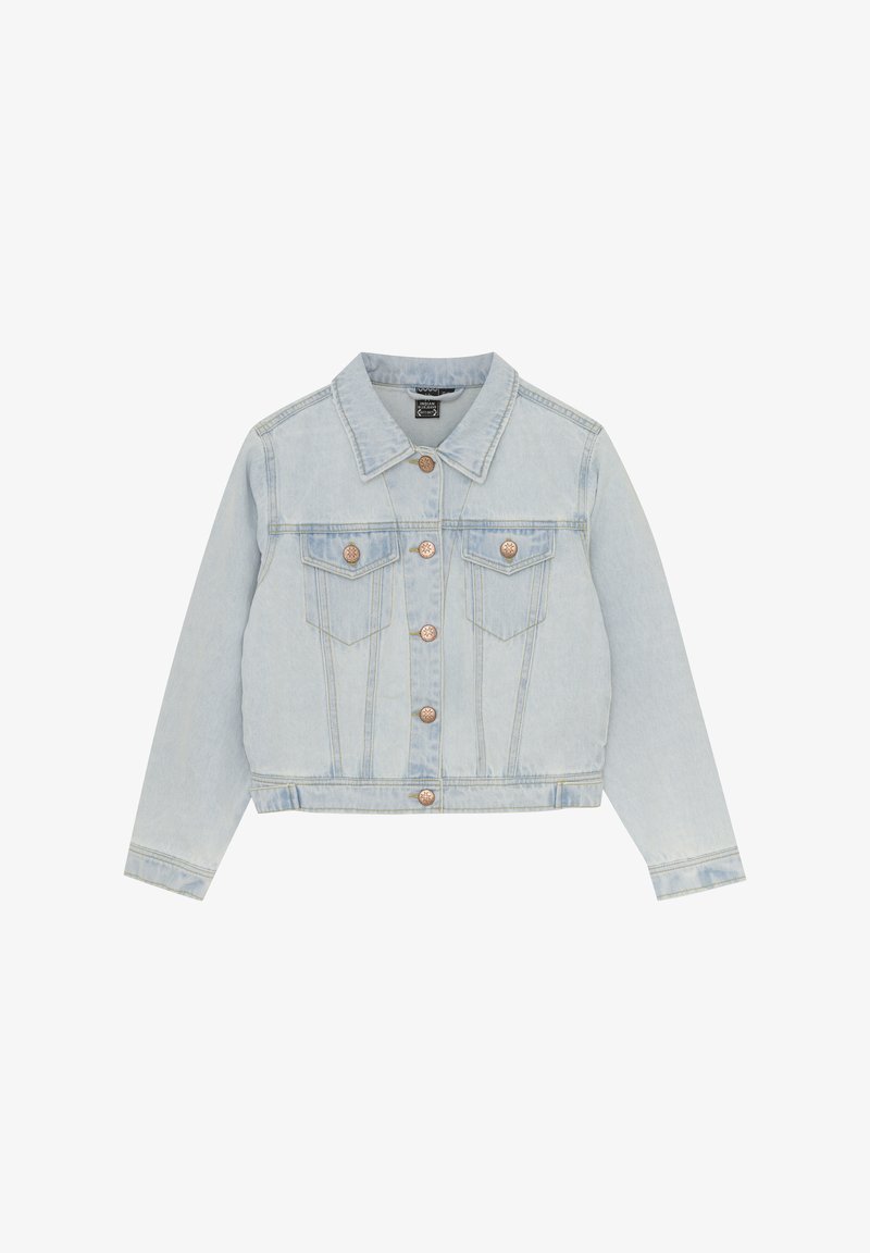 Ljusblå denimjacka med en kortad design, med knappstängning fram, två bröstfickor och en klassisk krage. Mjuk textur.