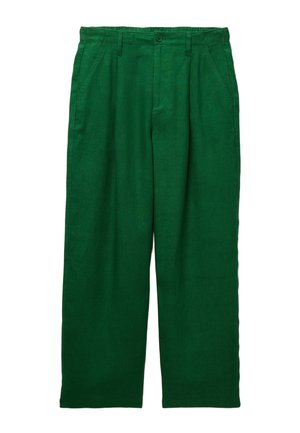 Pantalon vert taille haute, coupe droite, avec poches latérales, passants pour ceinture et fermeture à bouton à la taille.