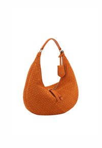 Orangene, gewebte Wildleder-Handtasche mit einem einzelnen Tragegurt, Reißverschluß und Lederakzenten. Kurvige Silhouette mit strukturiertem Finish.