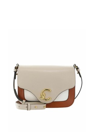 Beige, white, and brown leather crossbody bag with gold "C" logo clasp and adjustable strap, shown against white background.