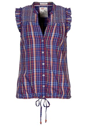 Sleeveless blue, orange, and white plaid blouse with button front, smocked yoke, ruffled shoulders, and drawstring hem with orange beads.
