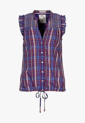 Mouwloze blauw, oranje en witte geruite blouse met knopen aan de voorkant, geplooide inzet, geschulpte schouders en een trekkoordzoom met oranje kralen.