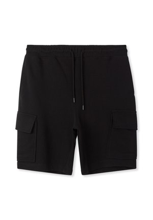 Pantaloncini cargo neri in tessuto leggero. Presentano una vita elastica con coulisse, due tasche laterali e due tasche cargo.