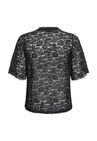 Top in pizzo nero con maniche corte, motivi floreali e scollatura rotonda. Il tessuto è trasparente e presenta una consistenza morbida.