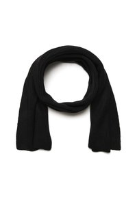 Sciarpa nera lavorata a maglia con una texture a coste, caratterizzata da un design lungo e morbido. Le estremità sono leggermente sfrangiate, aggiungendo un dettaglio informale.