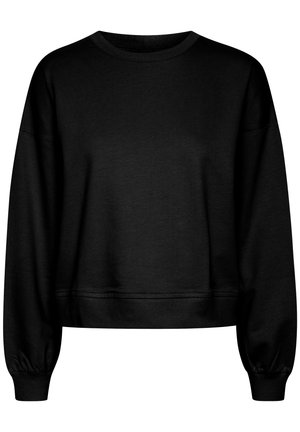 Black cropped sweatshirt with a round neckline, long sleeves, and ribbed cuffs and hem. Made of smooth, medium-weight fabric.