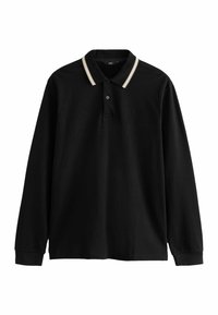 Black long-sleeve polo shirt with a contrasting striped collar and a buttoned neckline. Made from soft fabric with a subtle logo detail.