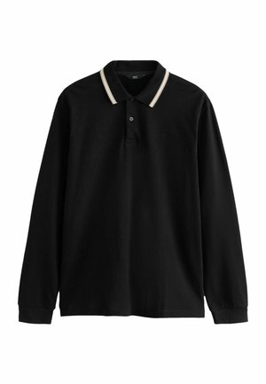 Polo shirt noir à manches longues avec un col rayé contrastant et un col à boutons. Fabriqué en tissu doux avec un subtil détail de logo.