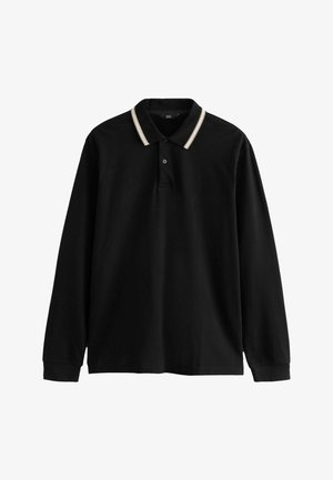 Schwarzes Langarm-Polohemd mit einem kontrastierenden gestreiften Kragen und einem geknöpften Halsausschnitt. Hergestellt aus weichem Stoff mit einem dezenten Logo-Detail.