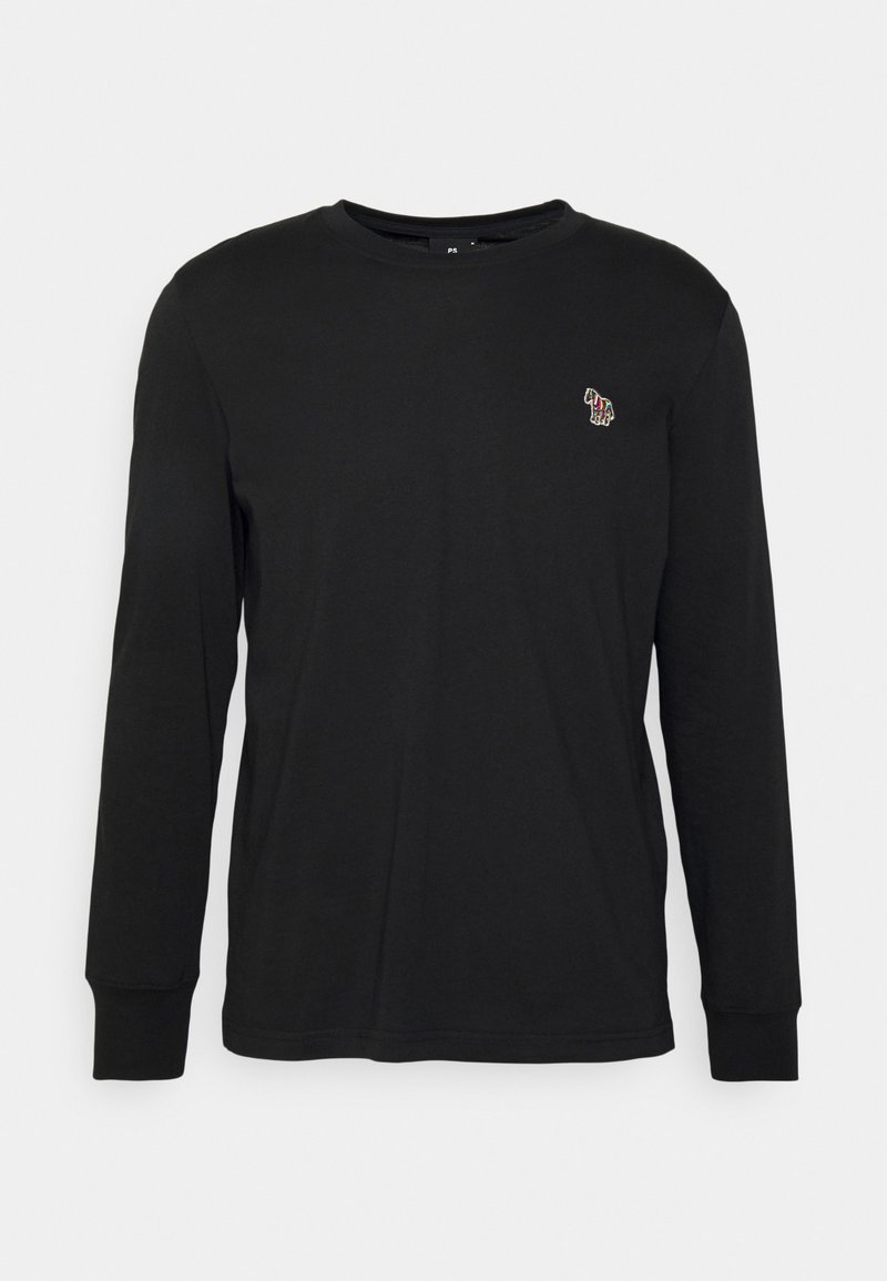 Black long-sleeve t-shirt made from cotton. Features a crew neck and a small multicolored embroidered design on the chest. Smooth texture.