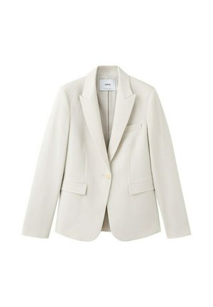 Krémovo sfarbené sako na mieru s výstrihom do V, zapínaním na jedno gombík a tromi prednými vreckami, zobrazené na bielom pozadí.