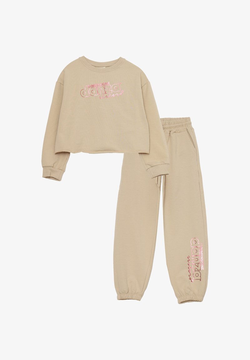 Felpa beige corta con stampa rosa "danza" e pantaloni abbinati con elastici alle estremità e in vita, realizzati in morbido cotone.