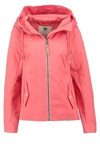 Veste à capuche rose corail avec fermeture éclair à l'avant, deux poches à rabat avec boutons-pression, et cordons ajustables sur la capuche.