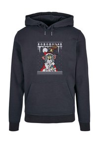 Mörkgrå hoodie med en stickad design av en katt i en tomteluv, tillsammans med en mus, omgiven av istappar och granar.