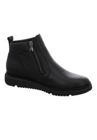 Schwarze Knöchelstiefel aus glattem Leder, mit seitlichem Reißverschluss, runder Spitze und rutschfester Gummisohle. Sauberes Design mit minimalen Akzenten.