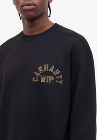 Personne portant un sweat-shirt noir avec "CARHARTT WIP" brodé en lettres marron sur la poitrine, montré du cou jusqu'au milieu du torse.