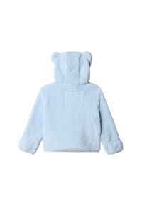 Hanorac bleu deschis, pufos, cu glugă cu urechi de urs, țesătură texturată și o pată pătrată pe spate. Dispune de mâneci cu manșete.