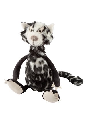 Plüschspielzeug-Katze mit schwarz-weiß geflecktem Fell, großen Augen, weichen Pfoten und einem gestreiften Schwanz, die vor weißem Hintergrund sitzt.