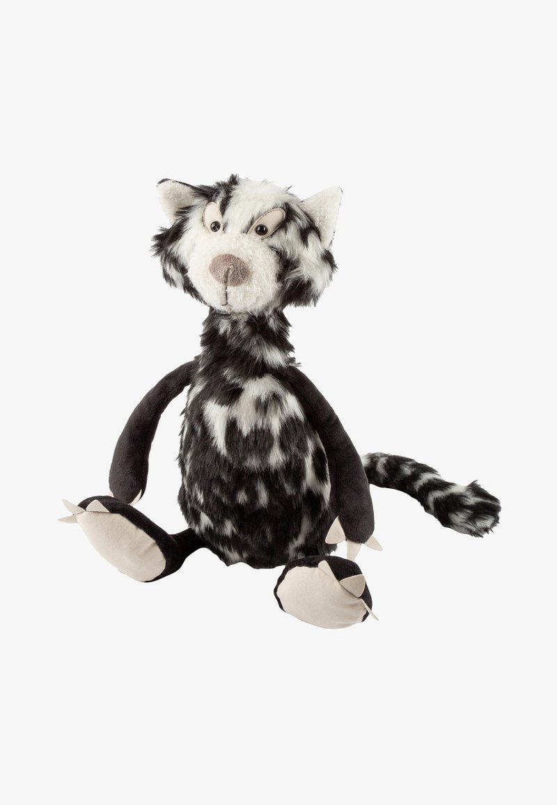 Jouet en peluche en forme de chat avec un pelage tacheté noir et blanc, de grands yeux, des pattes douces et une queue rayée, assis contre un fond blanc.